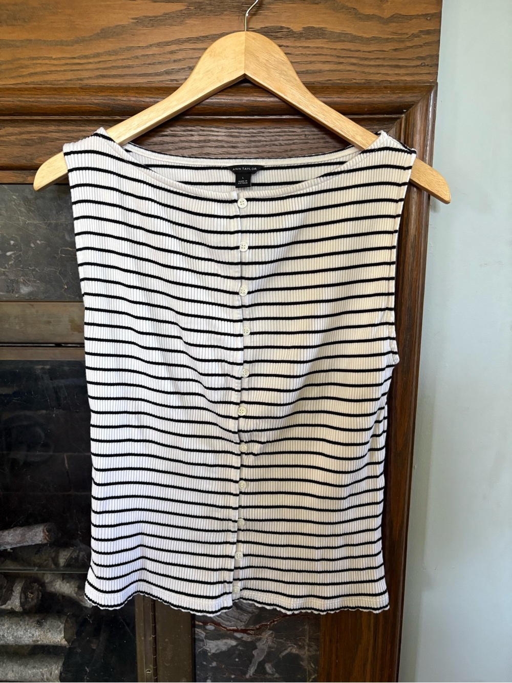 Ann Taylor Striped Ribbed Button-Front Tank - Black & White Size L
